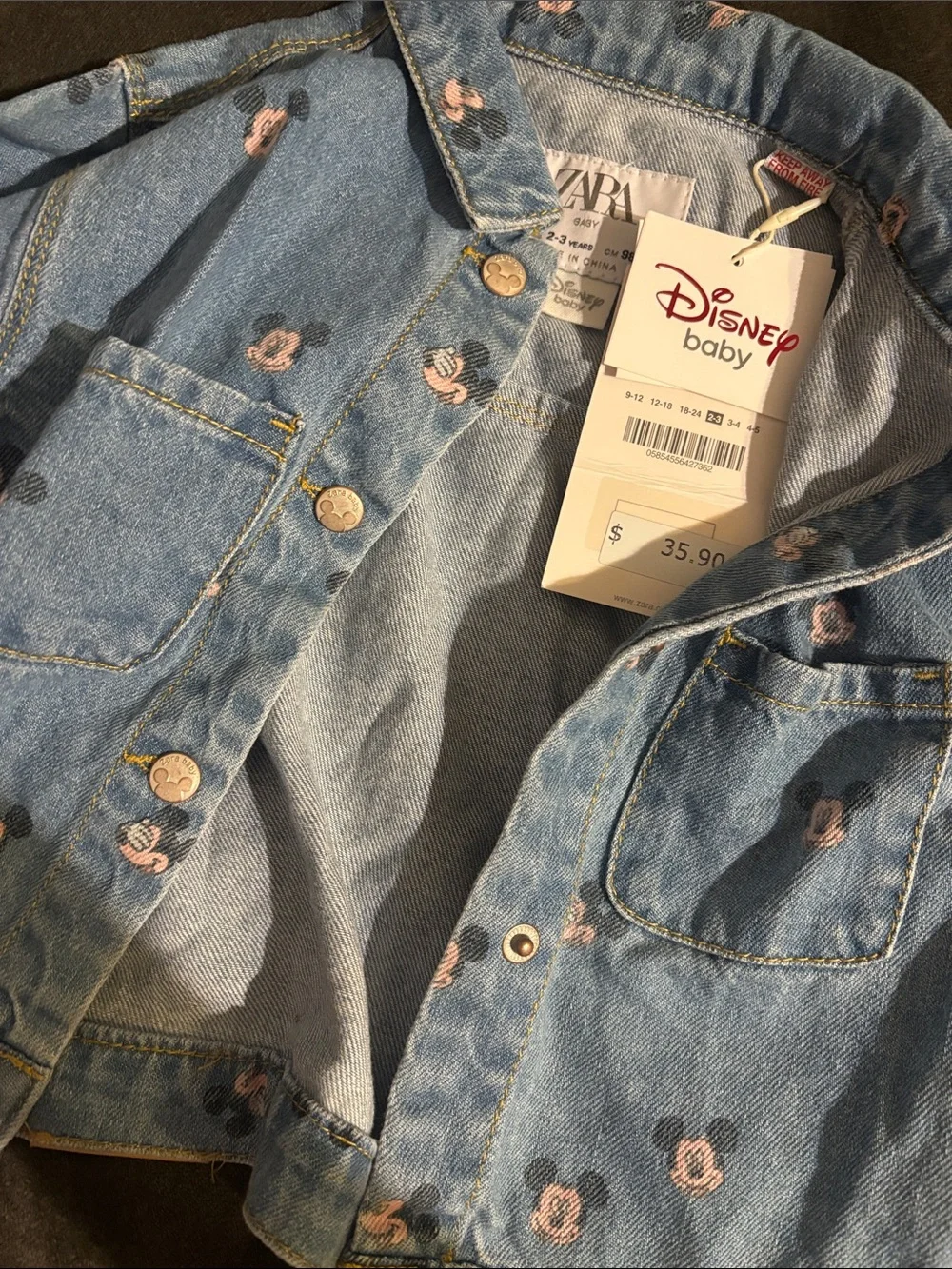 Zara Light Blue Denim Baby Jacket with Pink & Black Mickey Print